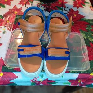 Blue & Tan Velcro Platform Sandals